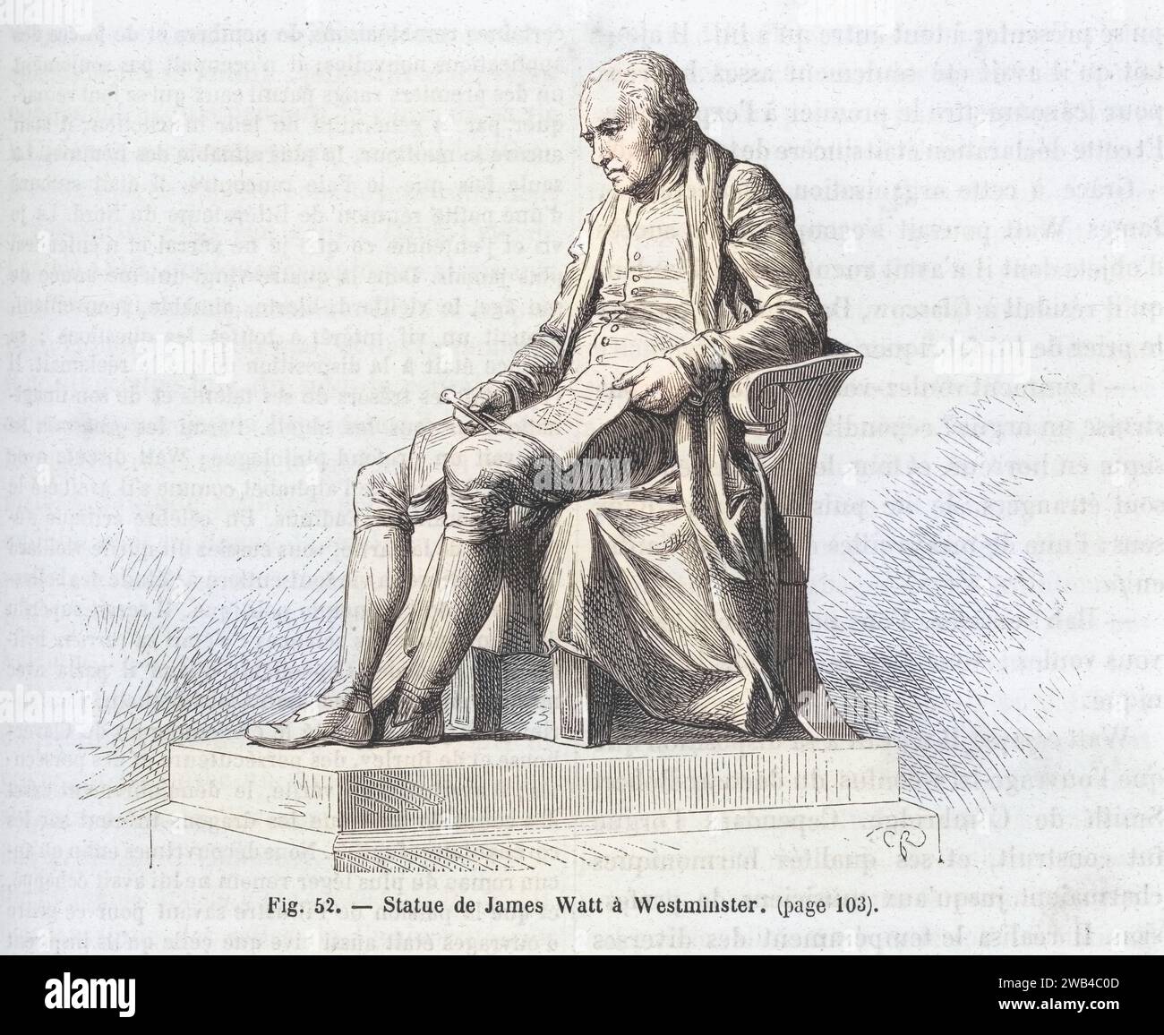 Statue de l'ingénieur écossais James Watt à Westminster (18e siècle). Illustration tirée de 'les merveilles de la science ou description populaire des inventions modernes' écrite par Louis Figuier et publiée en 1867 par Furne, Jouvet et Cie Banque D'Images
