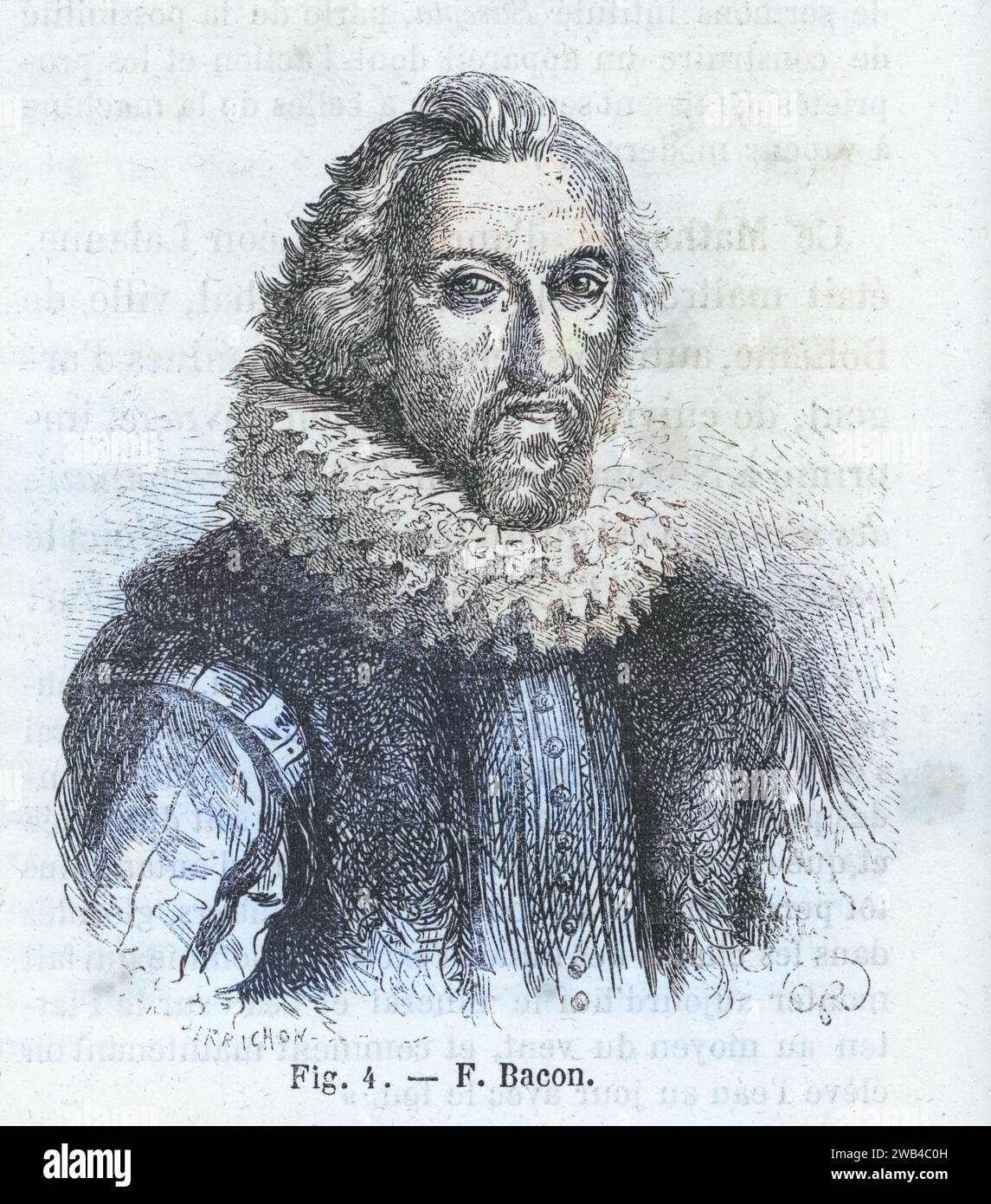 Portrait du philosophe anglais Francis Bacon (15e-16e siècle) Illustration tirée de 'les merveilles de la science ou description populaire des inventions modernes' écrite par Louis Figuier et publiée en 1867 par Furne, Jouvet et Cie Banque D'Images