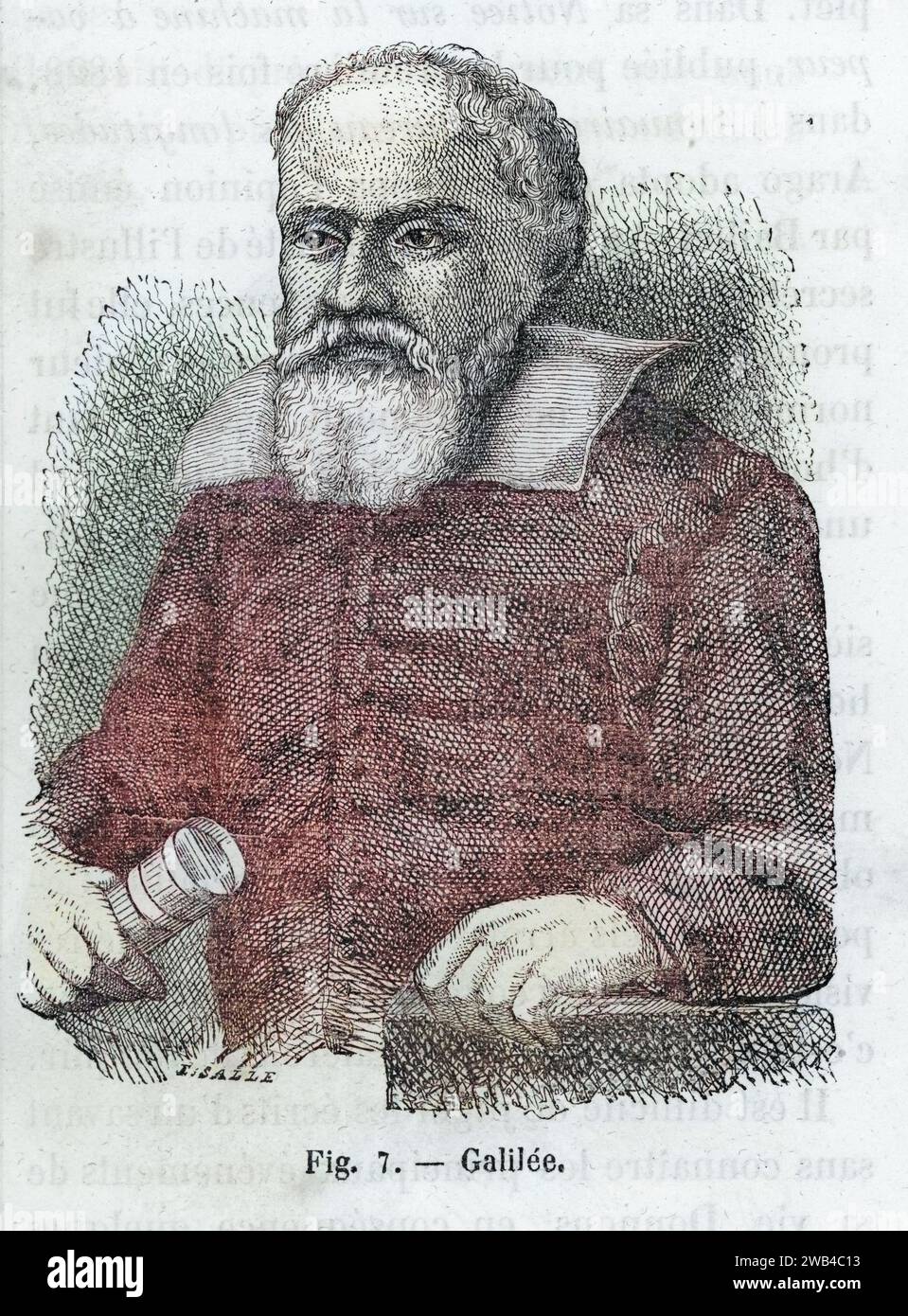 Portrait de Galilée, astronome et physicien italien du 17e siècle, Illustration tirée de 'les merveilles de la science ou description populaire des inventions modernes' écrit par Louis Figuier et publié en 1867 par Furne, Jouvet et Cie Banque D'Images