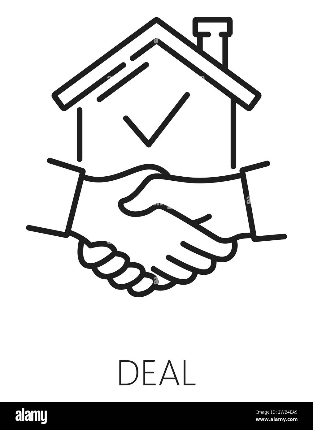 Icône de ligne mince d'affaire immobilière avec poignée de main. Symbole linéaire de service de prêt d'appartement, marché de location de maison ou signe de vecteur de ligne mince de société de vente d'habitation avec silhouette de maison et poignée de main d'homme d'affaires Illustration de Vecteur