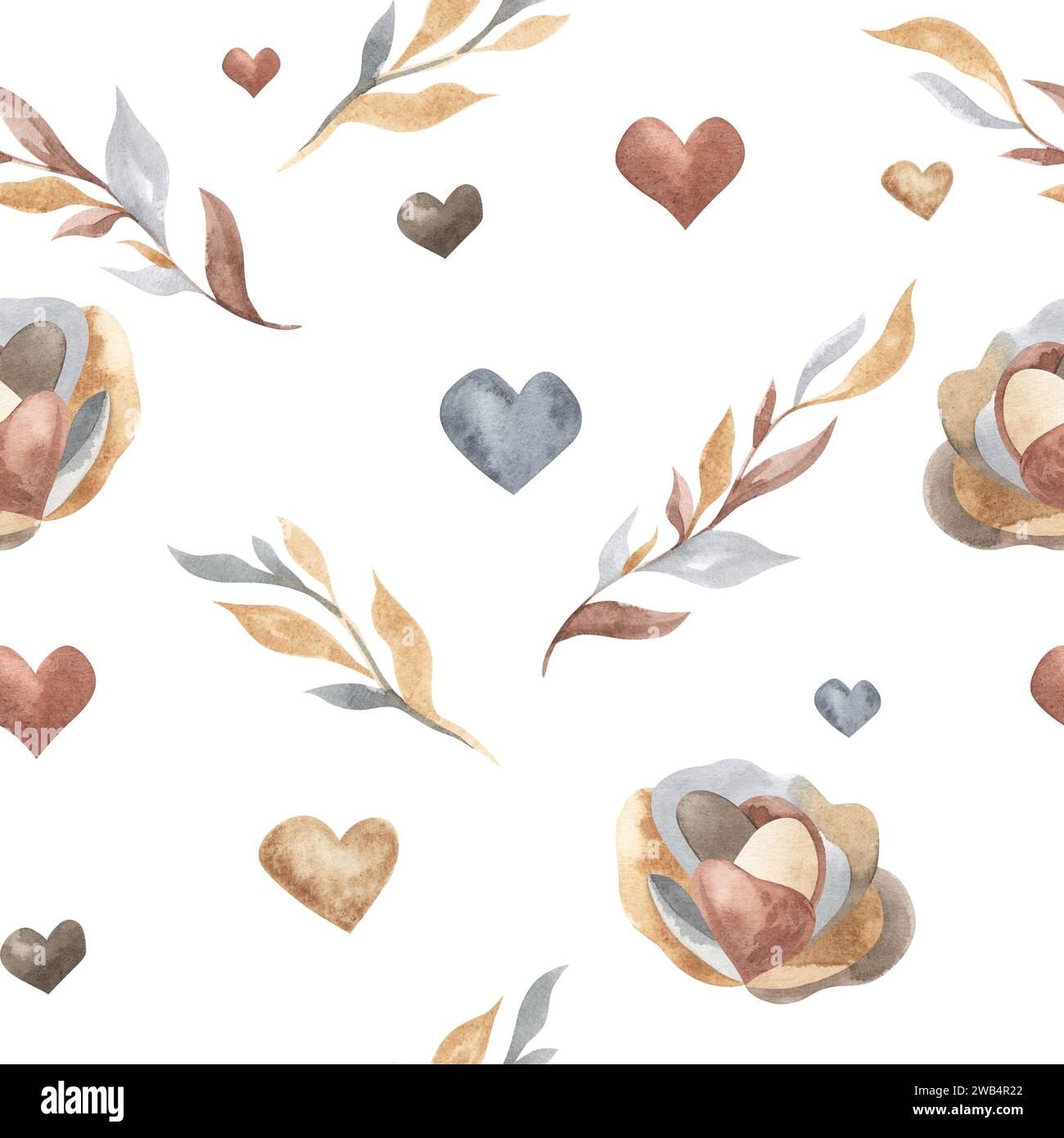 Aquarelle Rose fleur et feuilles abstraites motif sans couture. Grandes fleurs de pêche avec séché. Composition beige pastel dans un style Boho moderne. Douleur à la main Banque D'Images