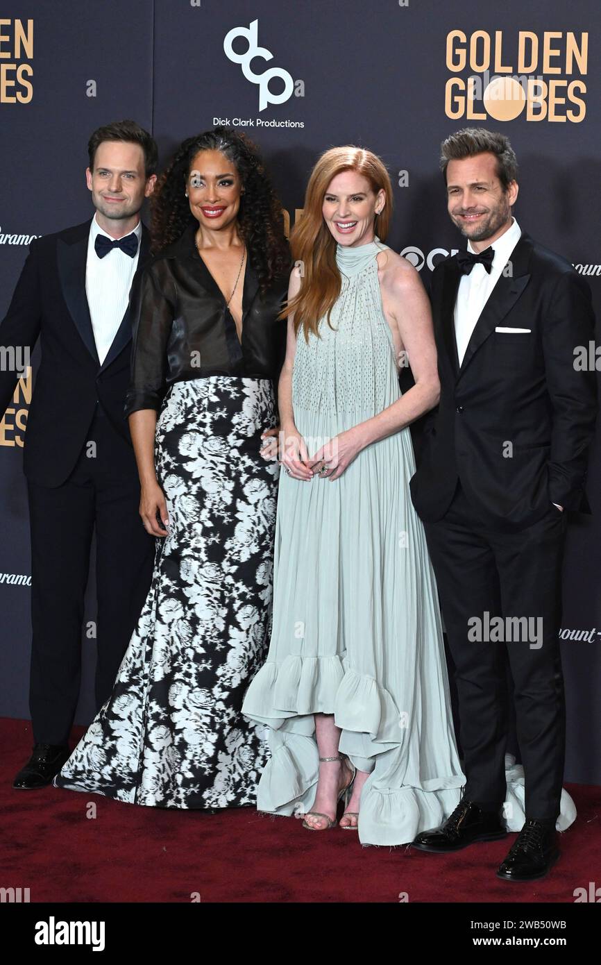 Patrick J. Adams, Gina Torres, Sarah Rafferty et Gabriel Macht BEI der Verleihung der 81. Golden Globe Awards im Beverly Hilton Hotel. Beverly Hills, 07.01.2024 Banque D'Images