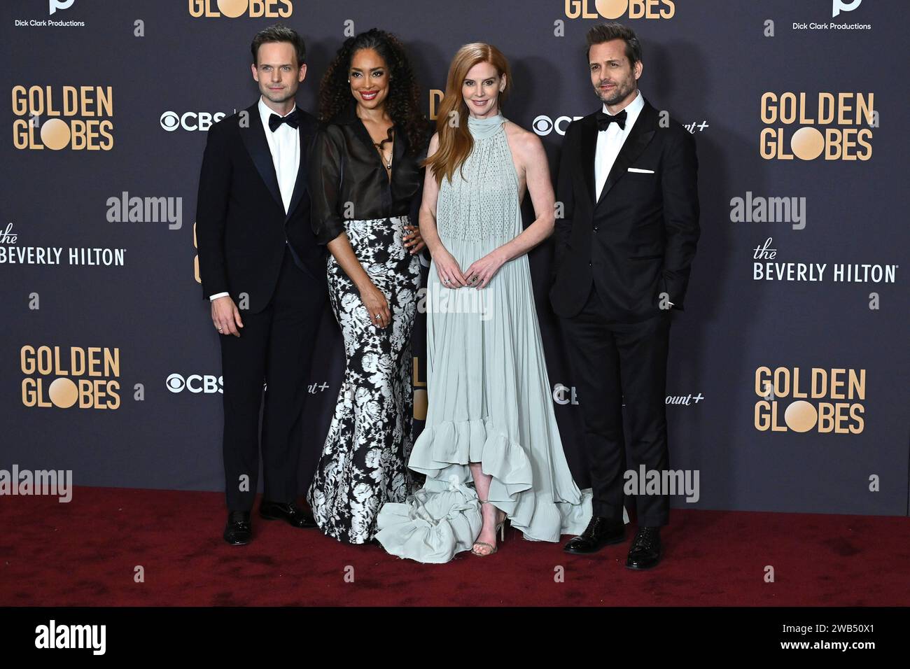 Patrick J. Adams, Gina Torres, Sarah Rafferty et Gabriel Macht BEI der Verleihung der 81. Golden Globe Awards im Beverly Hilton Hotel. Beverly Hills, 07.01.2024 Banque D'Images