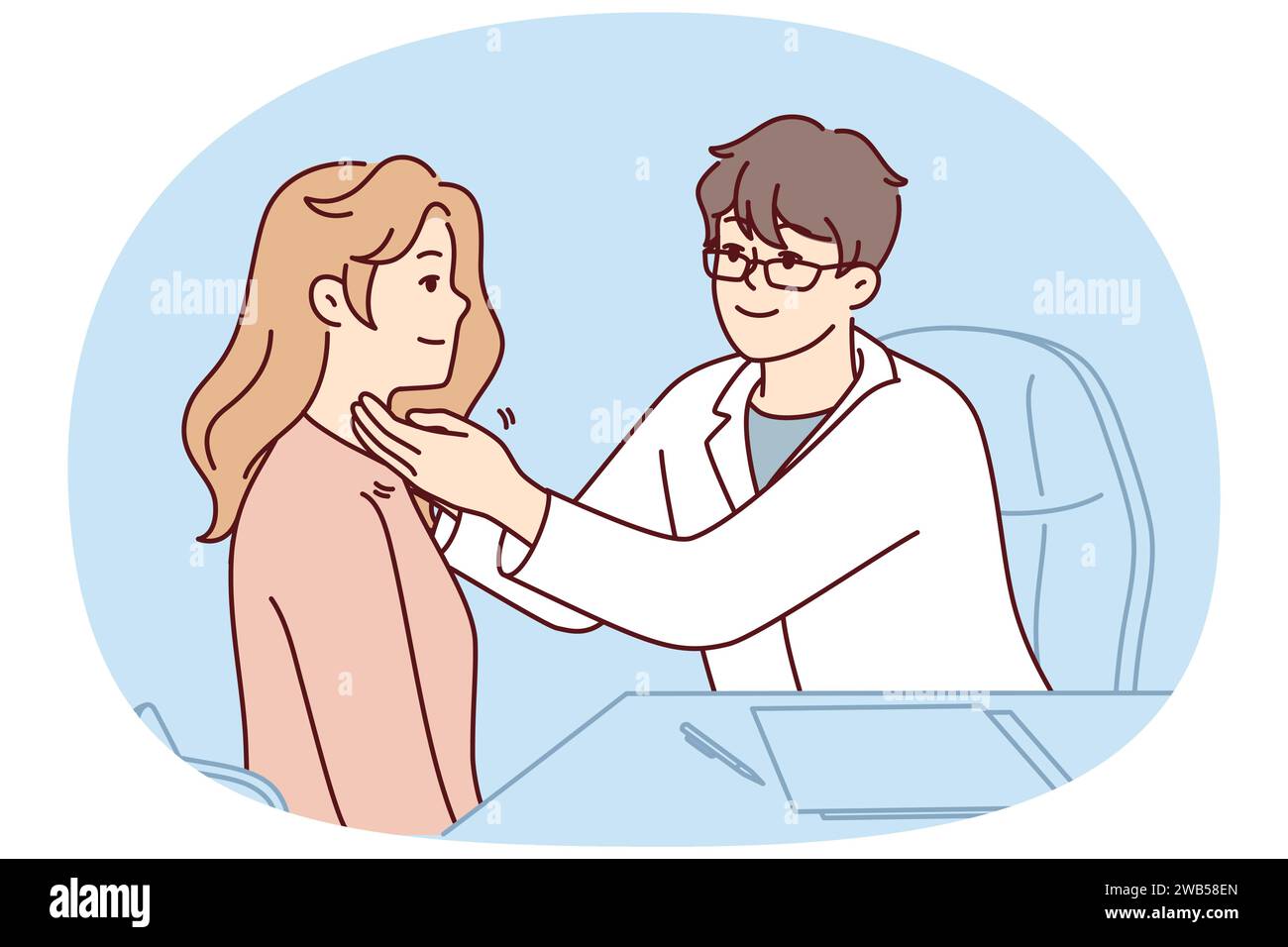 Homme médecin examine la femme appliquée à la clinique avec mal de gorge ou bronchite. Thérapeute en manteau blanc assis à la table tenant les mains à la jeune fille patient dans le besoin de traitement ou de médicament. Conception à vecteur plat Illustration de Vecteur