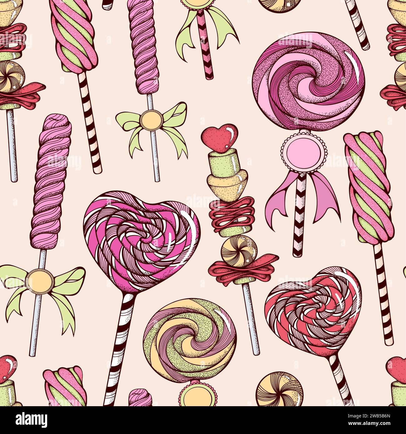 Mignons bonbons Lollipop Marshmallow dessinés à la main. Vector desserts Seamless Pattern Illustration de Vecteur