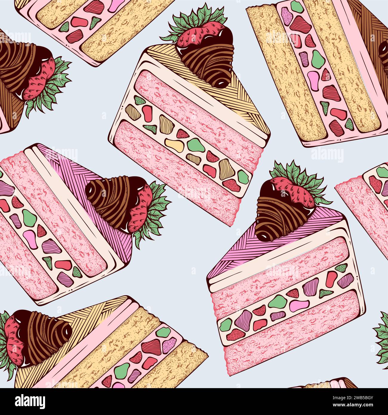 Mignons morceaux de gâteau dessinés à la main Sweets. Vector desserts Seamless Pattern Illustration de Vecteur