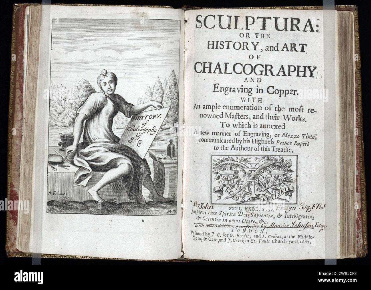 Sculptura, 1662, avec frontispice gravé par Evelyn John Evelyn - Frontispice et page de titre de 'Sculptura : or the History and Art of Chalcography and Engraving in Copper' par l'écrivain anglais John Evelyn Banque D'Images