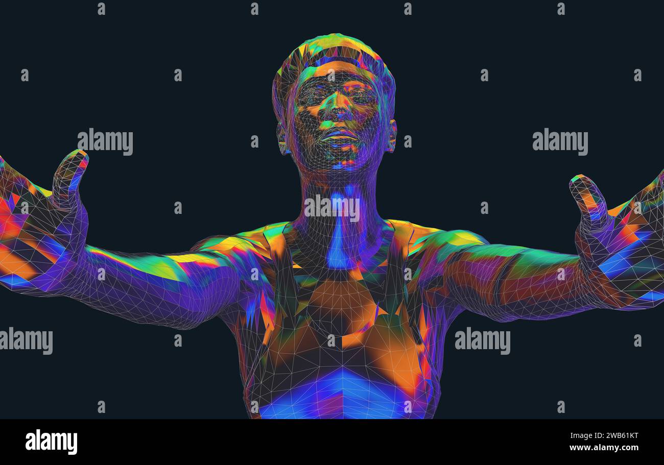 Illustration en couleur d'une personne faisant du sport, des exercices de yoga méditatif ou de gymnastique dans le style poly bas - illustration 3D. Banque D'Images