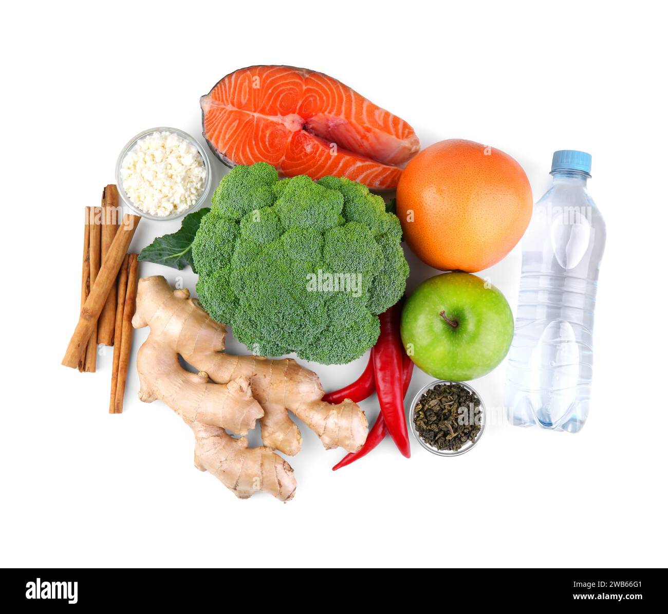 Métabolisme. Différents produits alimentaires sur fond blanc, vue de dessus Banque D'Images