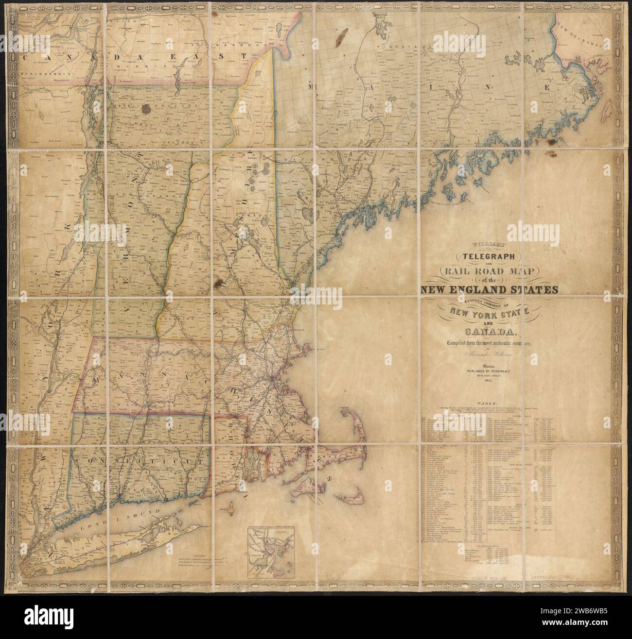 1852 carte télégraphique et ferroviaire des États de la Nouvelle-Angleterre, de la partie est de l'État de New York et du Canada, compilée à partir des sources les plus authentiques , par Alexander Williams, Redding & Co, Banque D'Images
