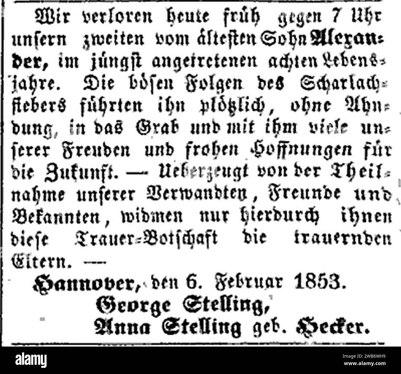 1853-02-10 Leipziger Zeitung JG. 1853 S. 0702 Traueranzeige Alexander Stelling. Banque D'Images