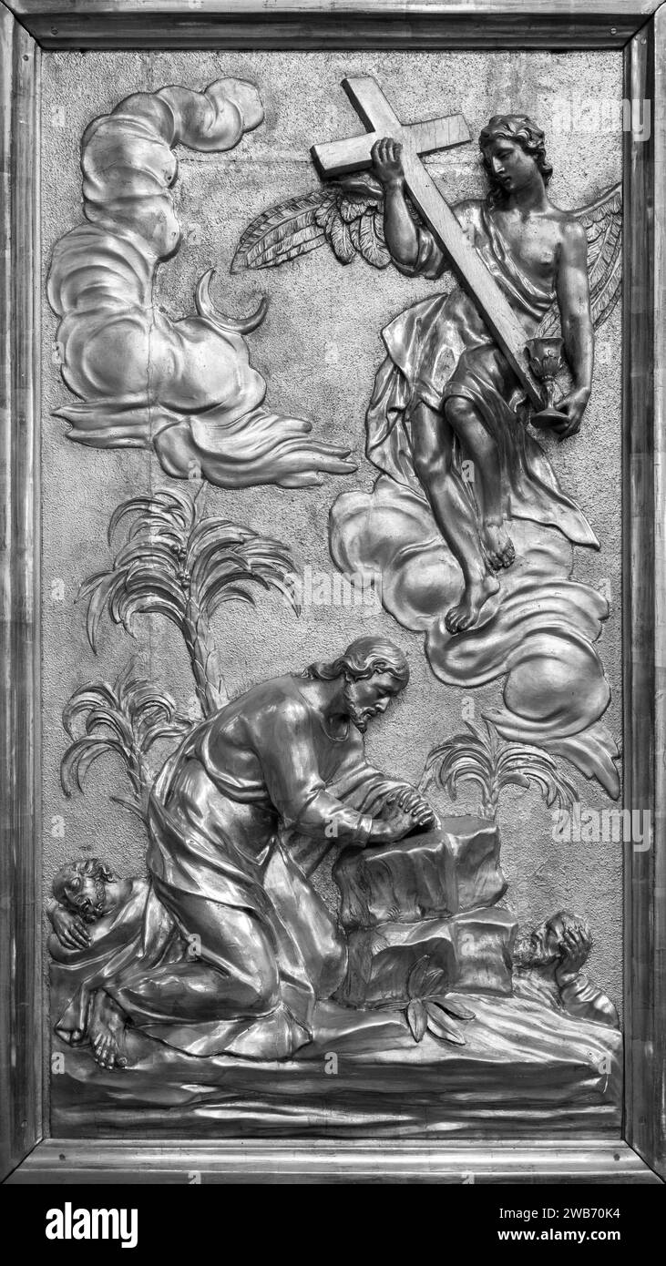 L’agonie dans le jardin – une sculpture en relief. Église de Saint Giles (Kirche St. Ägyd) à Gumpendorf, Vienne. Banque D'Images