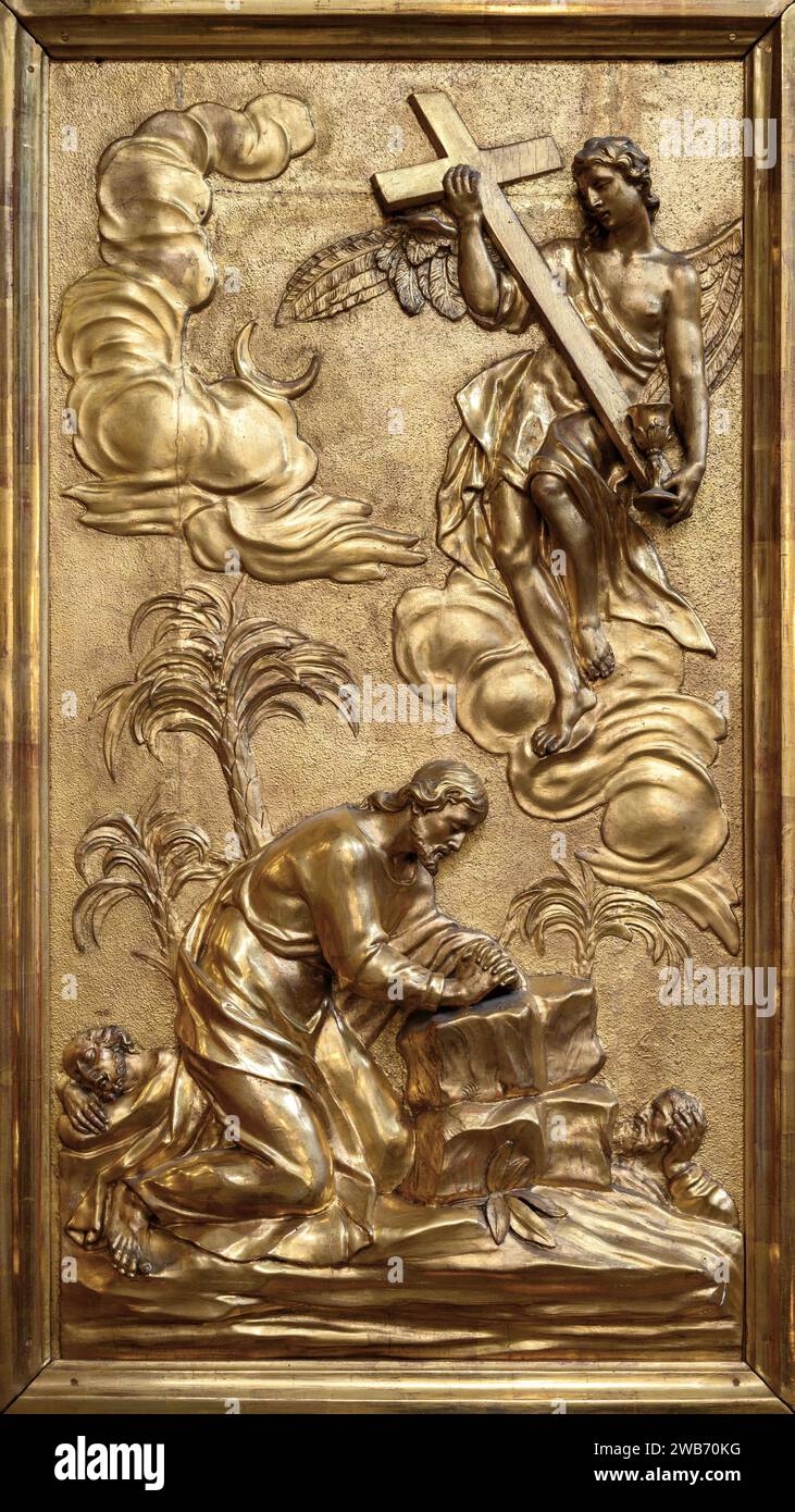 L’agonie dans le jardin – une sculpture en relief. Église de Saint Giles (Kirche St. Ägyd) à Gumpendorf, Vienne. Banque D'Images