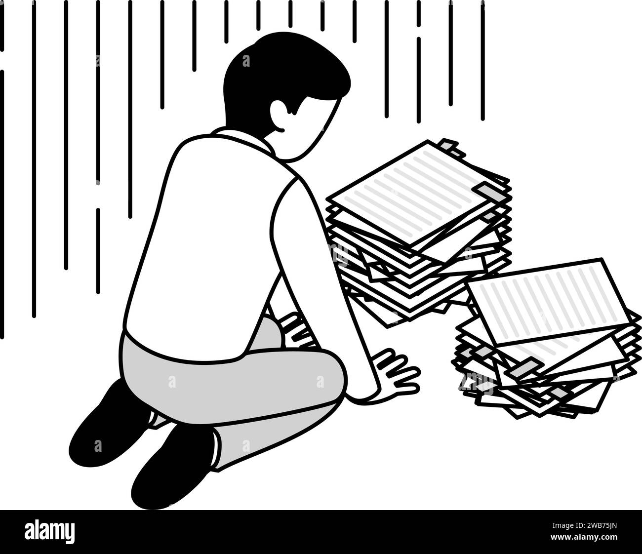 Illustration simple de dessin de ligne d'un homme fatigué des heures supplémentaires lâcher devant une pile de papiers. Illustration de Vecteur