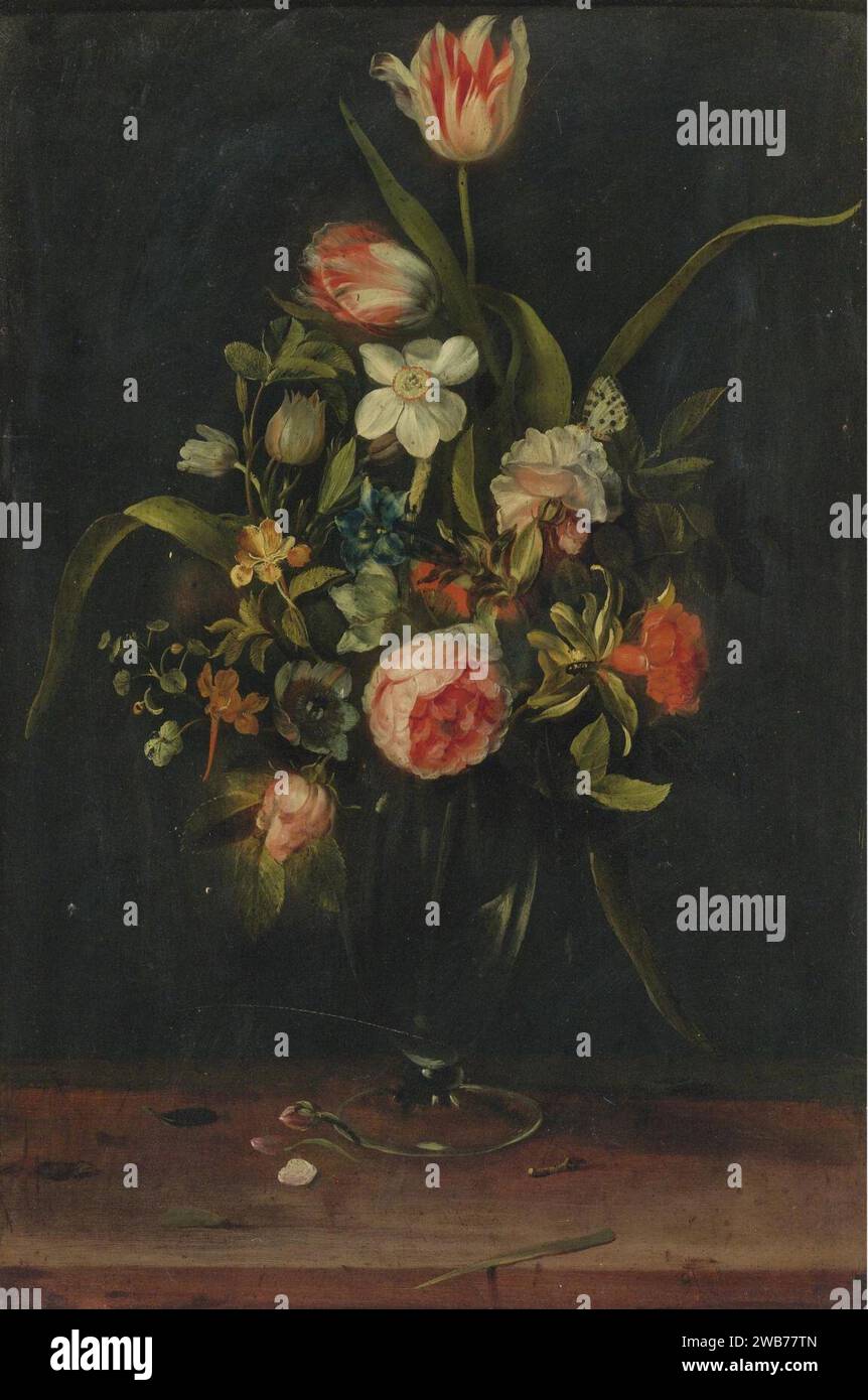 Frans Ykens - nature morte de roses, tulipes, narcisses et autres fleurs dans un vase en verre (recadré). Banque D'Images