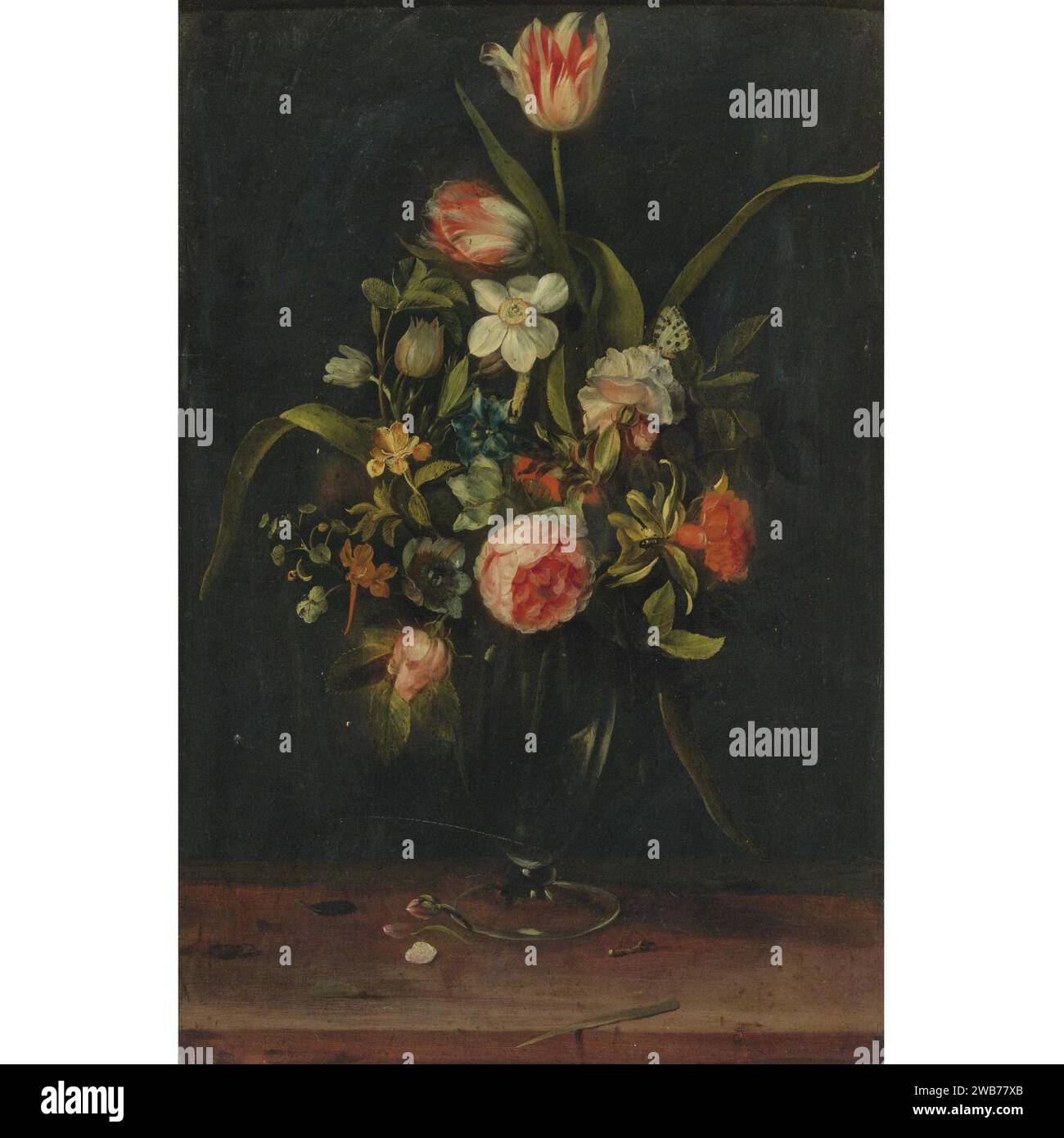 Frans Ykens - nature morte de roses, tulipes, narcisses et autres fleurs dans un vase en verre. Banque D'Images