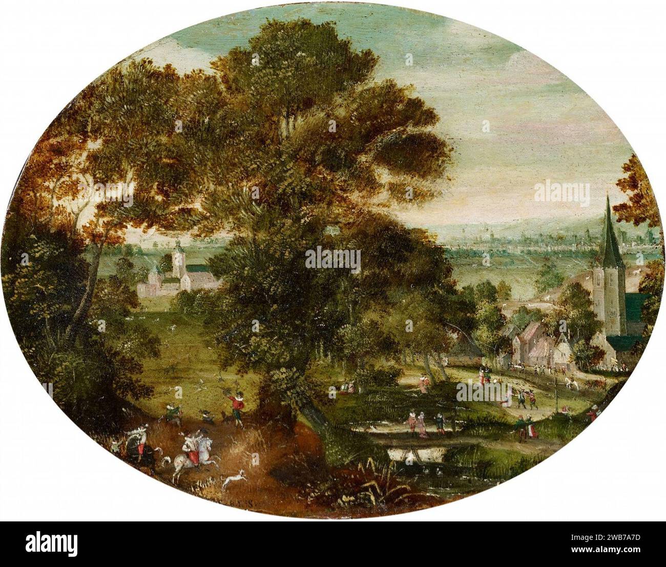 Jacob Savery l'ancien - Paysage de village avec des chasseurs. Banque D'Images