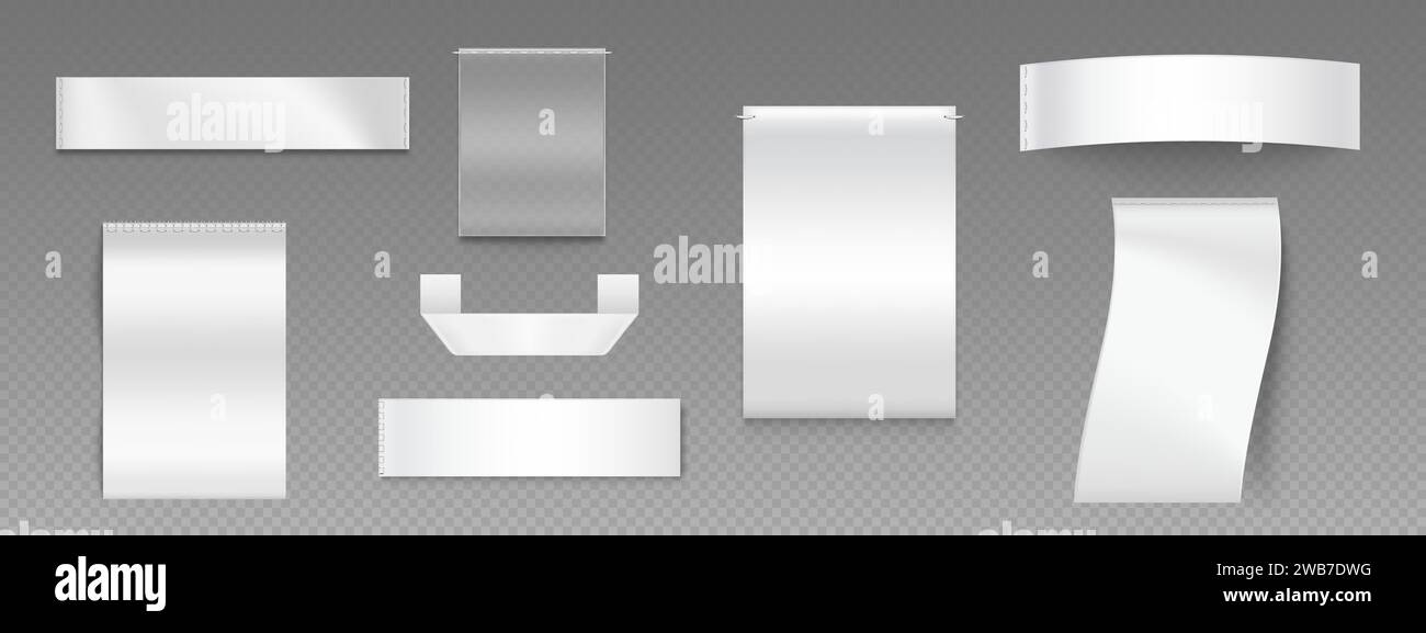 Étiquettes de tissu et boucles ensemble isolé sur fond transparent. Illustration réaliste vectorielle de maquettes d'étiquettes de tissu rectangulaires vierges avec des points, pi Illustration de Vecteur