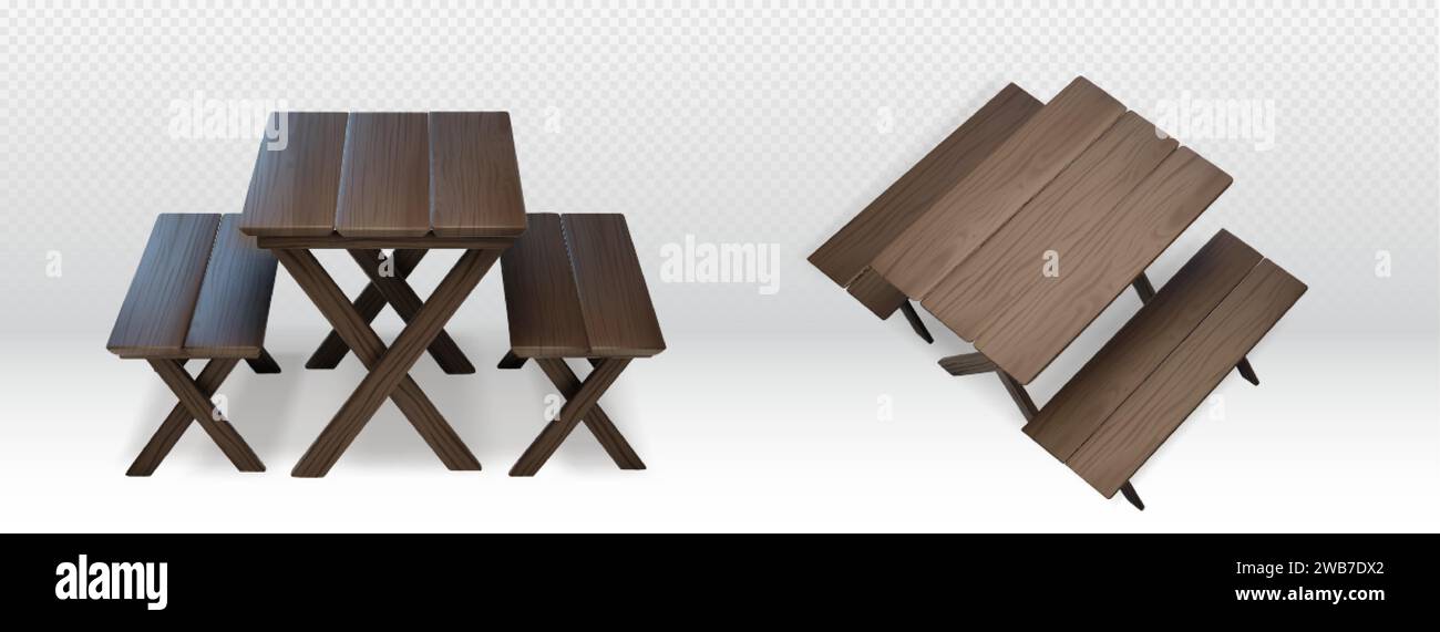 Table en bois pour pique-nique avec bancs sur les côtés. Ensemble réaliste d'illustration vectorielle 3d de meubles de jardin en bois sombre pour barbecue ou déjeuner outdoo Illustration de Vecteur