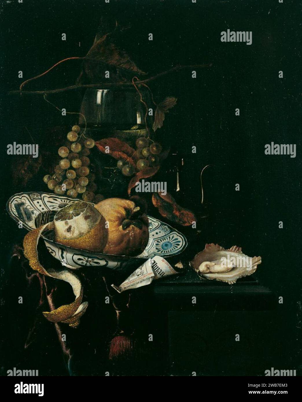 Martinus Nellius - nature morte avec des fruits dans un bol wan-li, une huître et une feuille d'almanach. Banque D'Images