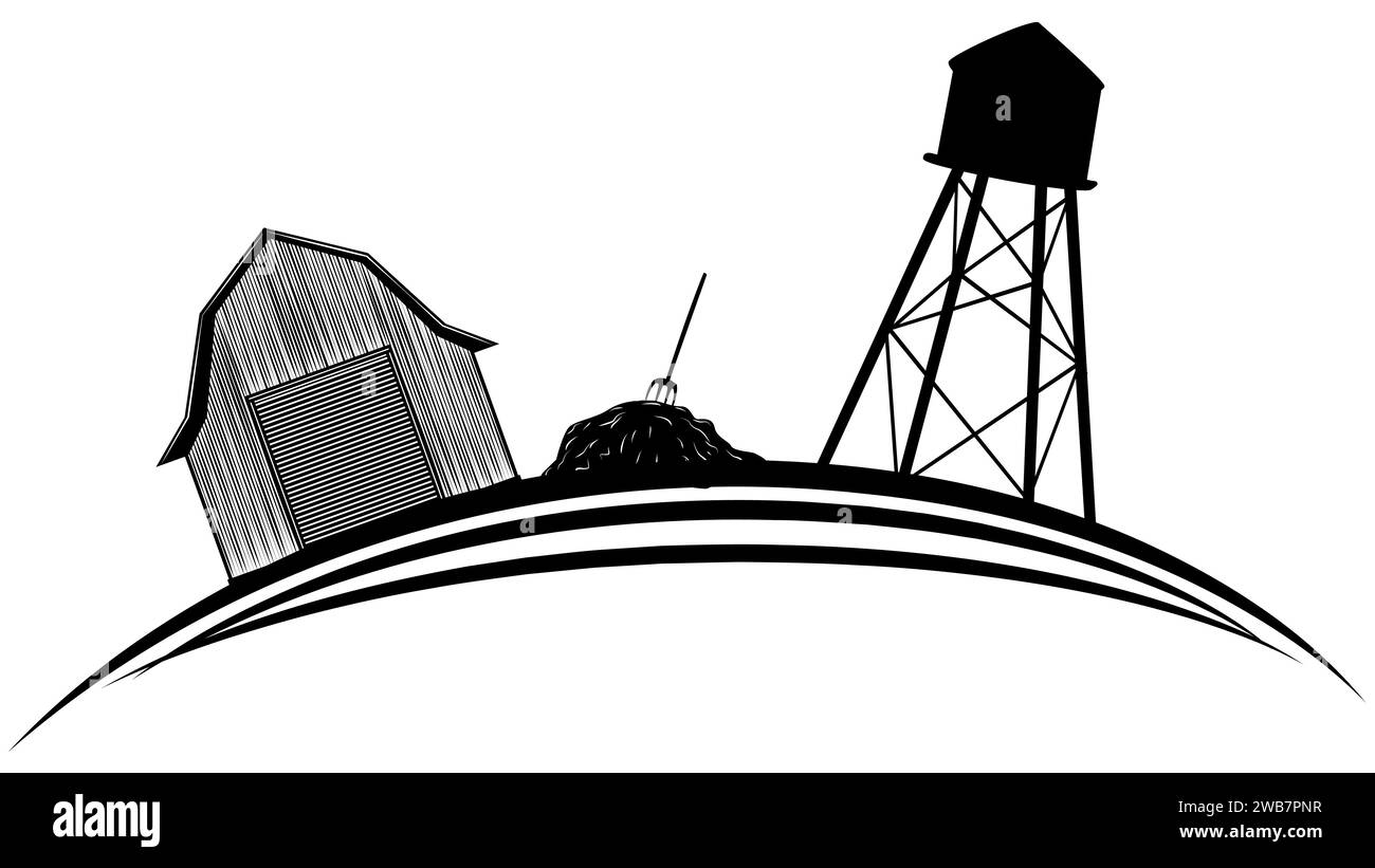 Scène de silhouette de la vie agricole avec foin, grange et château d'eau sur un terrain arrondi isolé sur fond blanc. Vecteur clipart rural. Illustration de Vecteur