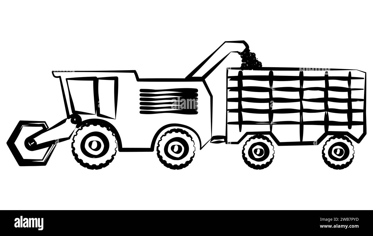 Moissonneuse-batteuse avec contour de remorque isolé sur fond blanc. Clipart vectoriel. Illustration de Vecteur