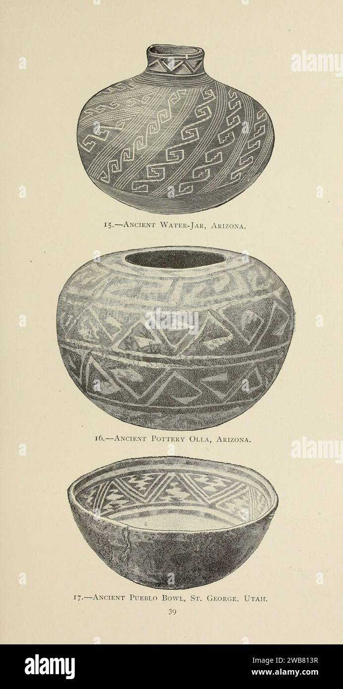 15 - Ancient Water- JAR, Arizona ; 16 - Ancient Pottery Olla, Arizona ; 17 - Ancient Pueblo Bowl, St. George, Utah Banque D'Images