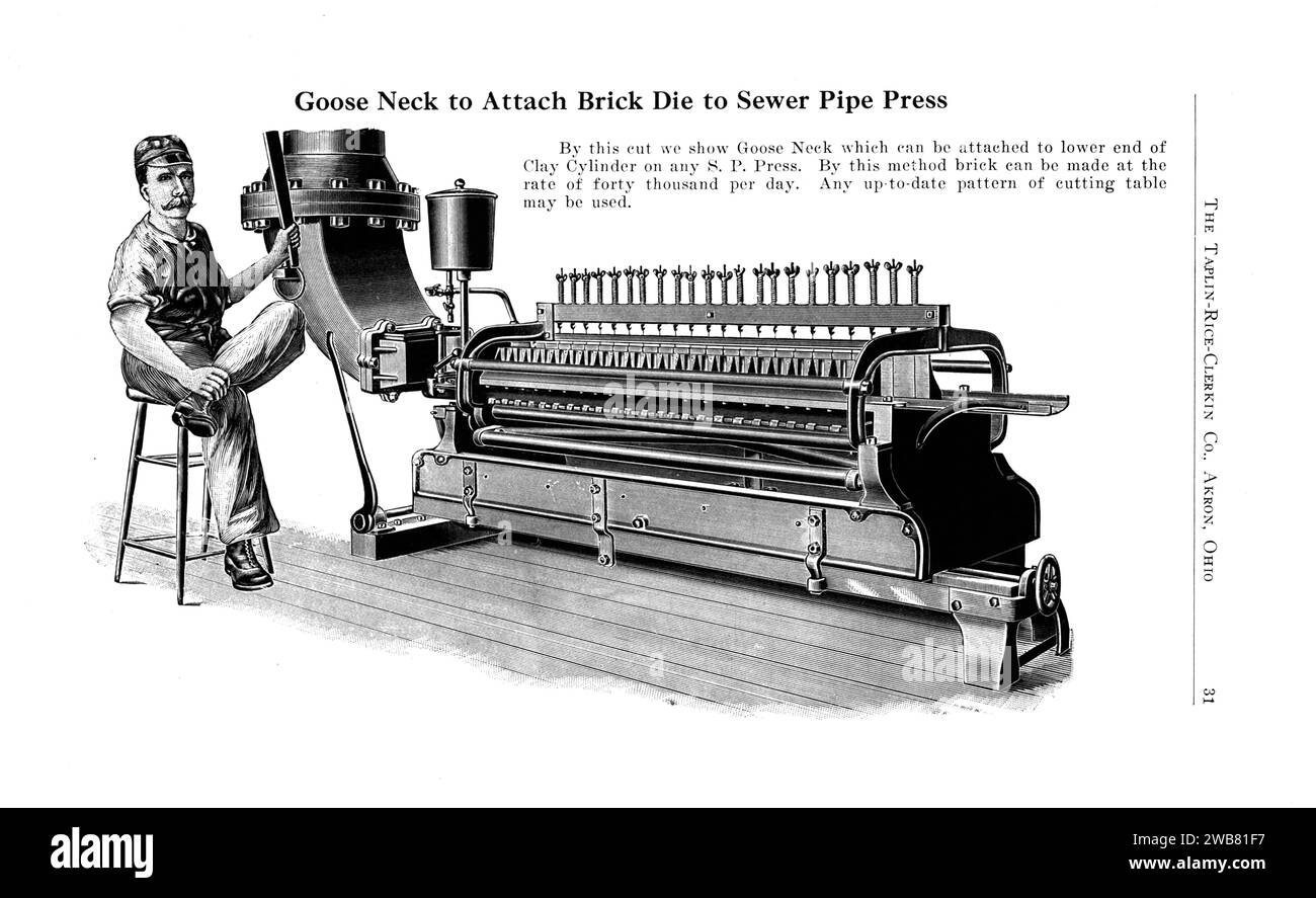 Goose Neck pour fixer Brick Die à Sewer Pipe Press du catalogue Pioneer machines de travail de l'argile POUR LA FABRICATION DE TUYAUX D'ÉGOUT, TUILE DE DRAINAGE, CONDUITS, GRÈS, BRIQUE ET AUTRES PRODUITS D'ARGILE par Taplin-Rice-Clerkin Co. Akron, Ohio 1922 Banque D'Images