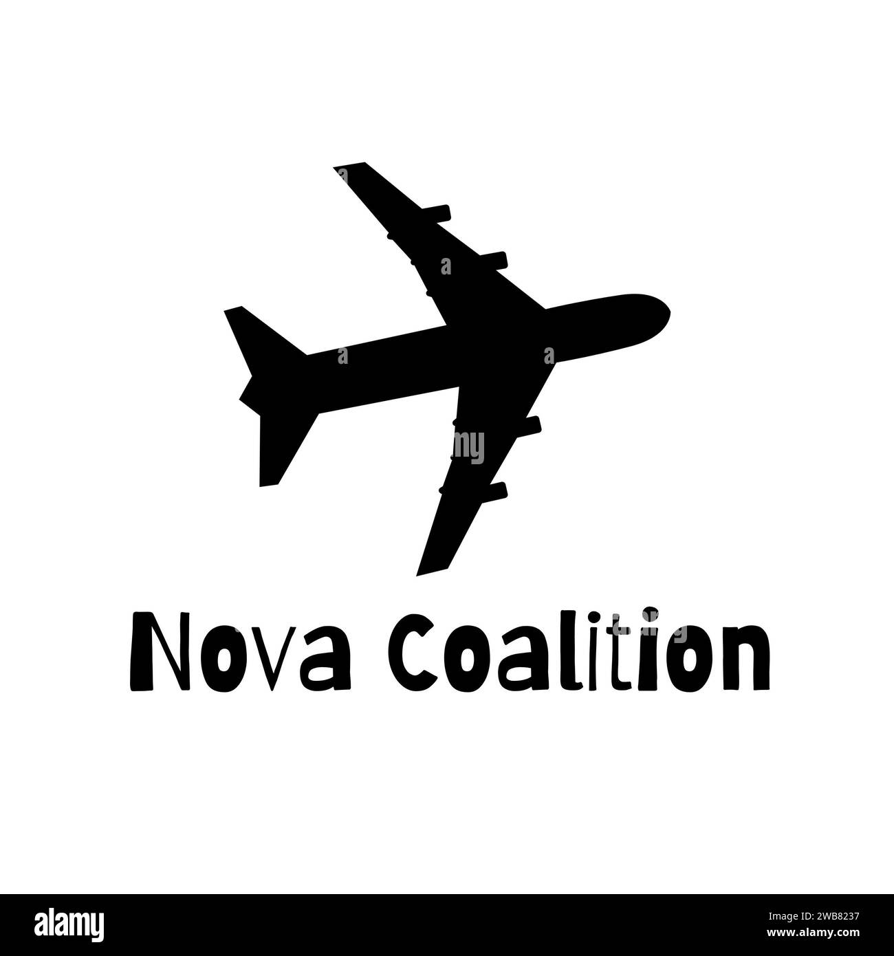 Texte de coalition Nova en noir avec silhouette d'avion à jet sur fond blanc. Transport, expédition, voyages, affaires, partenariat, logo et identifiant de marque Banque D'Images