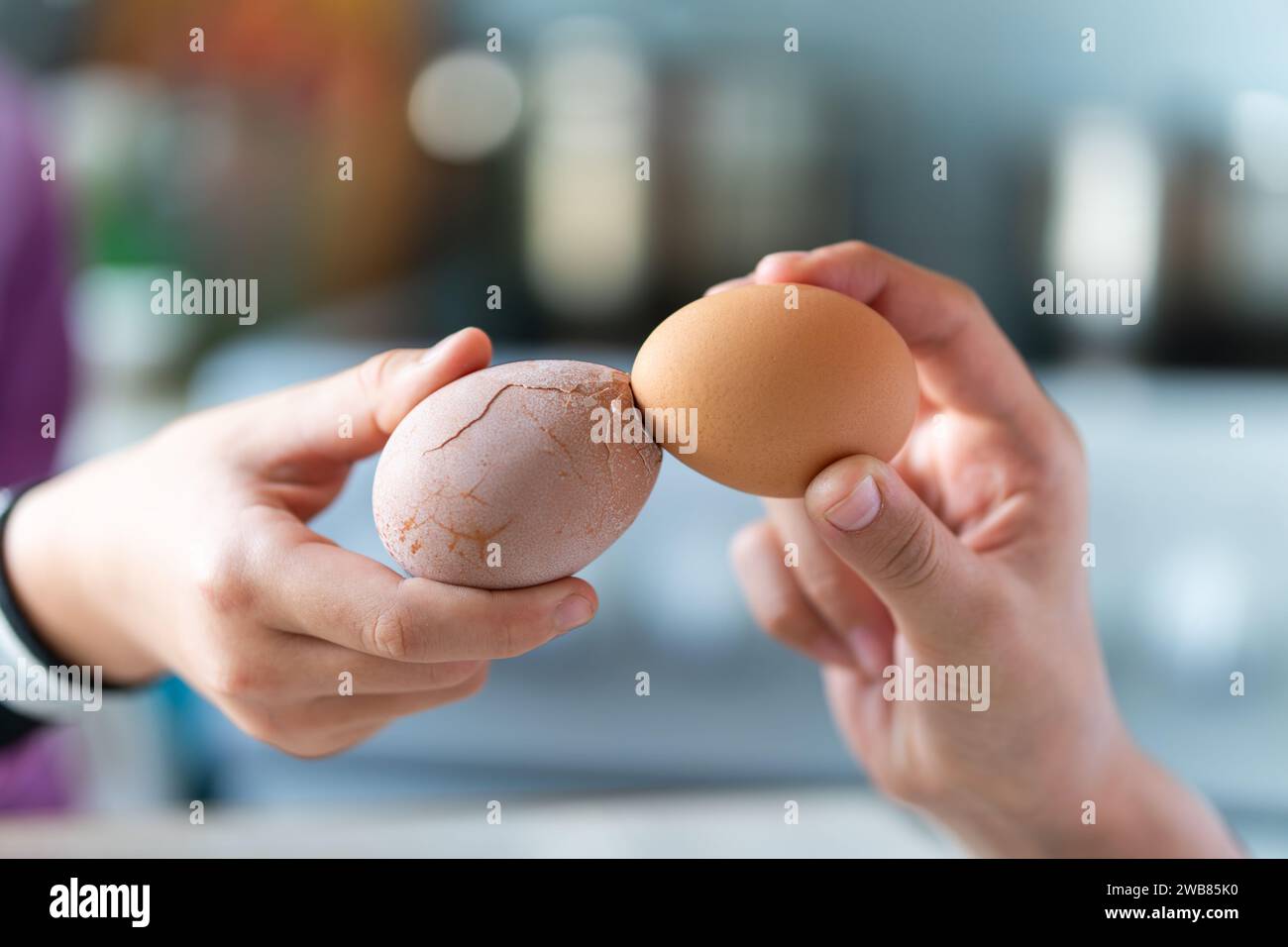 Tradition de Pâques de craquer des œufs, deux mains tiennent des œufs et essaient de casser l'œuf de l'autre, en gros plan sur fond bleu Banque D'Images