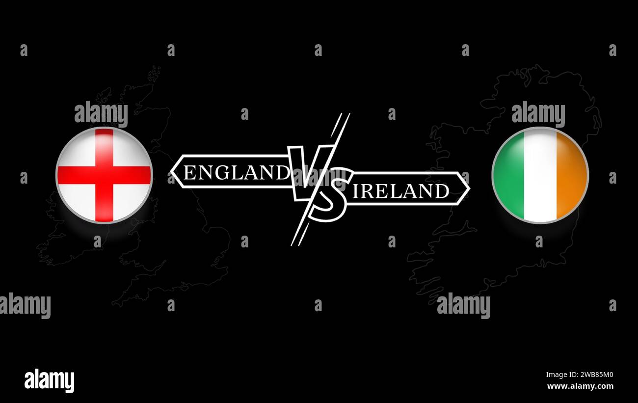 Angleterre vs Irlande dans le tournoi de rugby tour 3, drapeau de pays en forme de cercle et carte du pays sur fond noir. Modèle vectoriel. Illustration de Vecteur