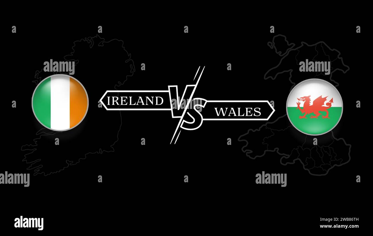 irlande vs pays de galles dans le tournoi de rugby tour 2, drapeau de pays en forme de cercle et carte du pays sur fond noir. Modèle vectoriel. Illustration de Vecteur