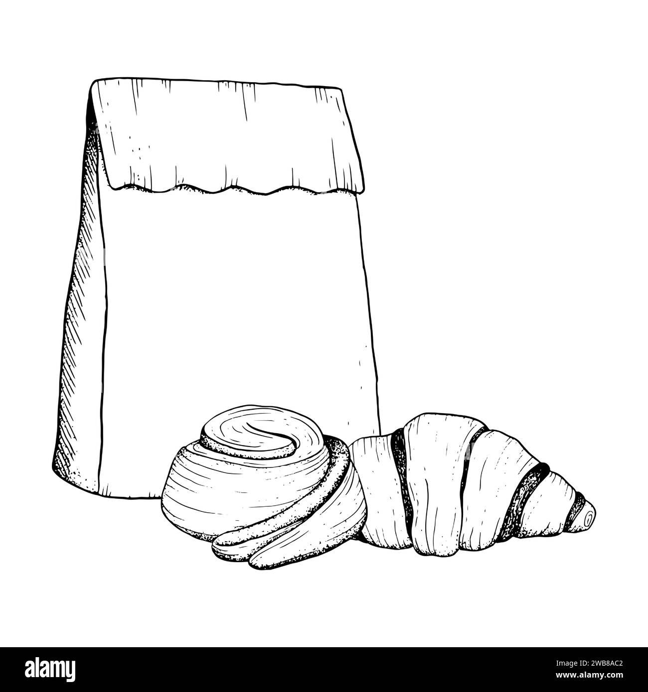 Croissant au chocolat vecteur, petit pain à la cannelle et sac d'artisanat en papier croquis d'illustration noir et blanc pour le petit déjeuner Illustration de Vecteur