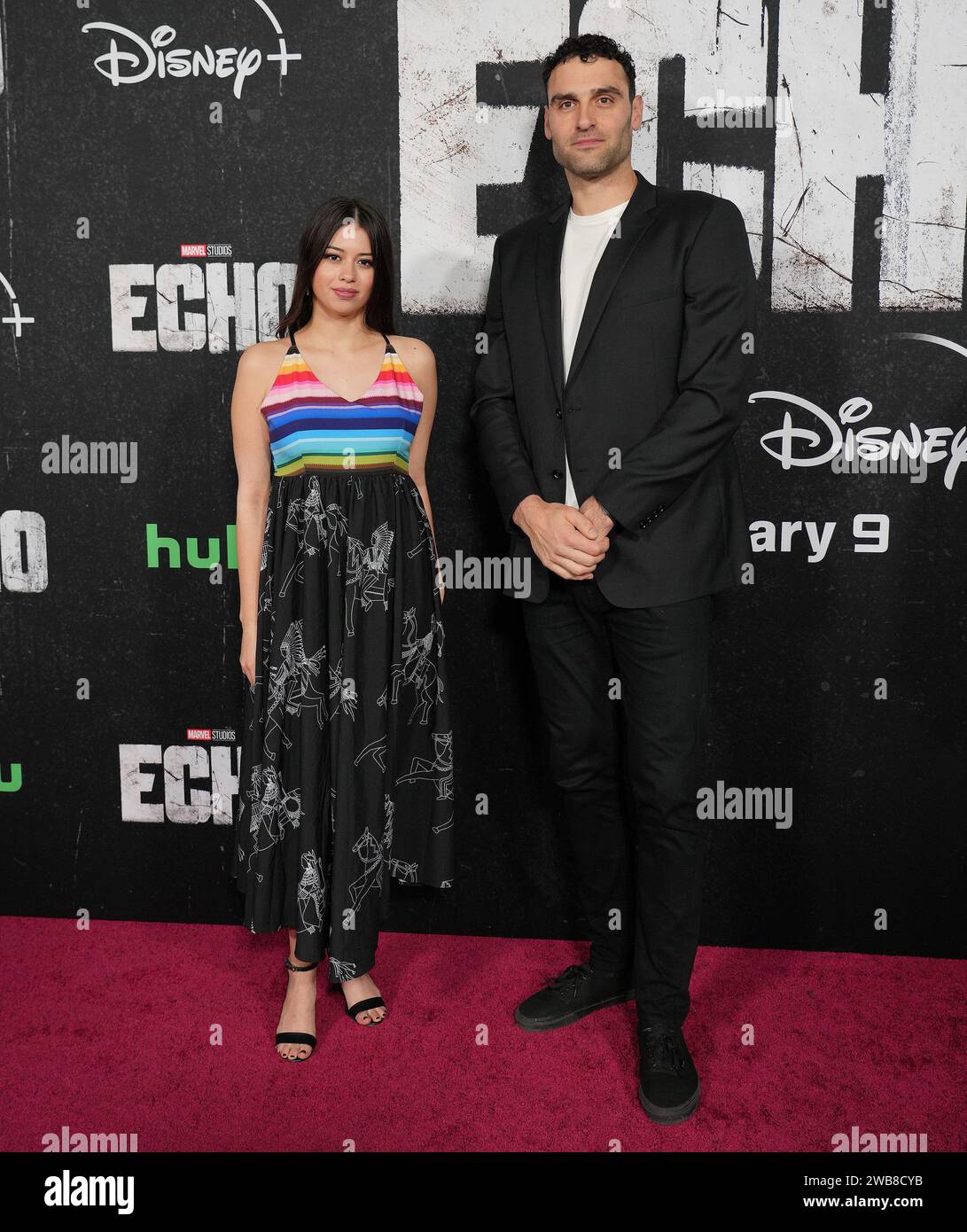 Los Angeles, États-Unis. 10 décembre 2023. (De gauche à droite) Amber Midthunder et Dane DiLiegro au lancement ECHO des studios Marvel qui s'est tenu au Regency Village Theatre à Westwood, CA, le lundi 8 janvier 2023. (Photo de Sthanlee B. Mirador/Sipa USA) crédit : SIPA USA/Alamy Live News Banque D'Images