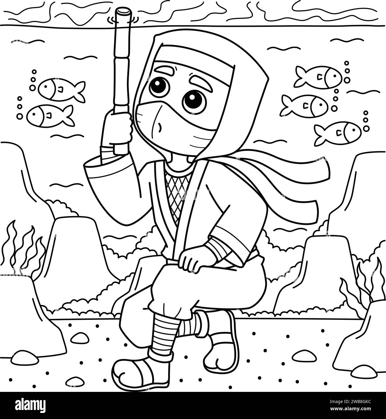Ninja se cacher sous la page de coloriage de l'eau Illustration de Vecteur