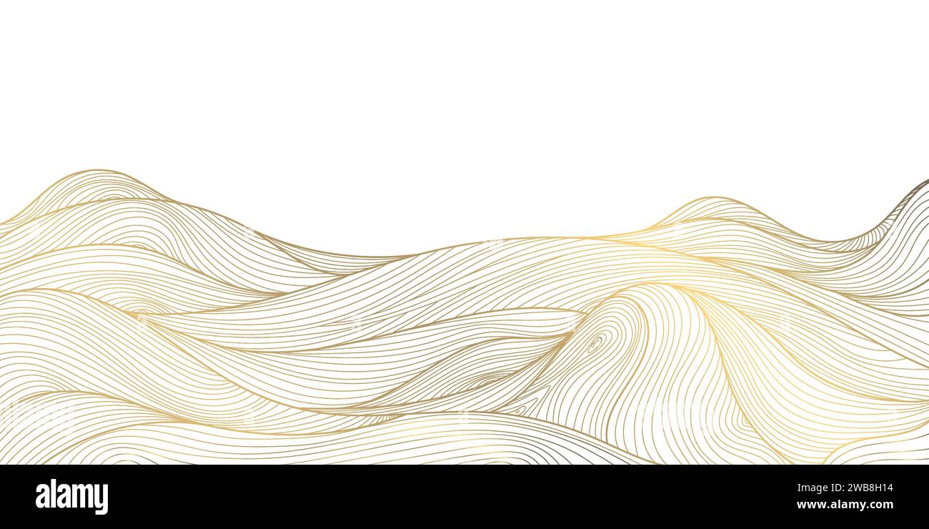 Vector line art japonais, fond de montagnes, texture de dessert de paysage, illustration de motif de vague. Dessin minimaliste doré. Illustration de Vecteur