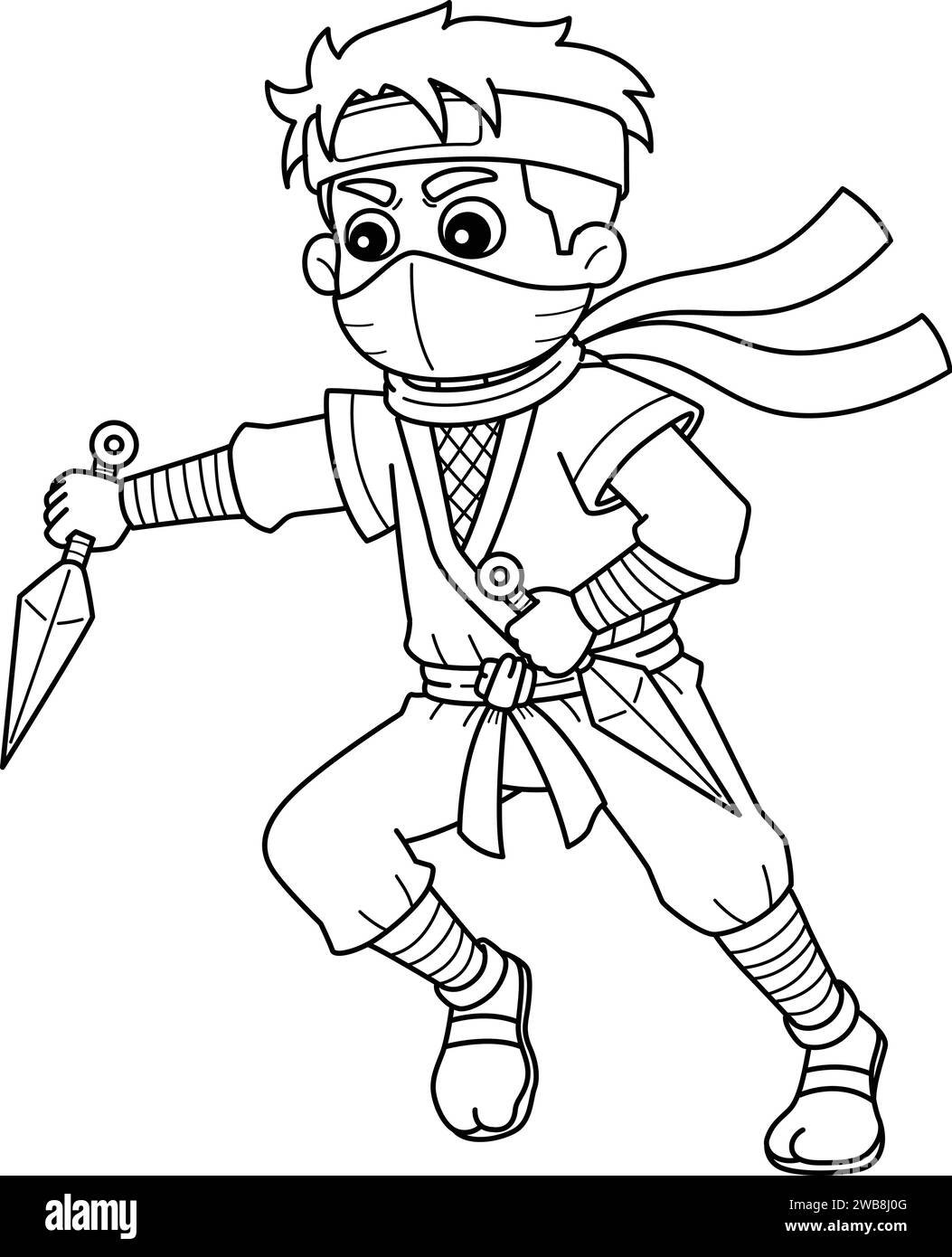 Ninja tenant une page de coloriage isolée Kunai Illustration de Vecteur