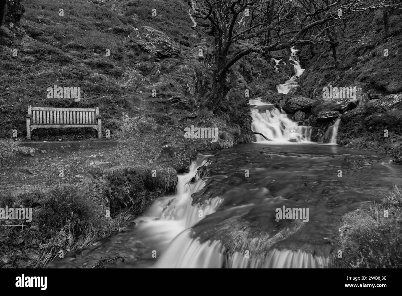 Aire de repos par une cascade sans nom qui se jette dans le réservoir Caban Coch, Elan Valley Wales UK. Janvier 2024 Banque D'Images