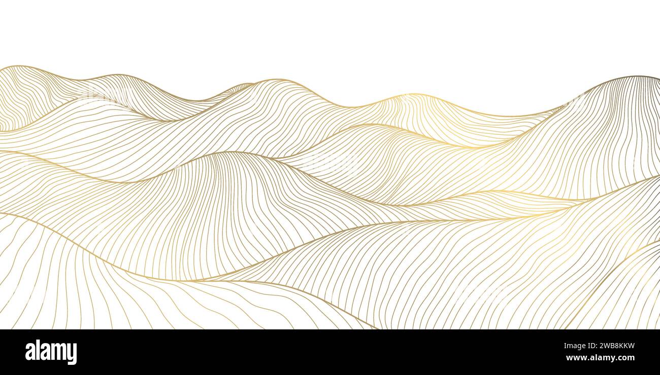 Vector line art japonais, fond de montagnes, texture de dessert de paysage, illustration de motif de vague. Dessin minimaliste doré. Illustration de Vecteur