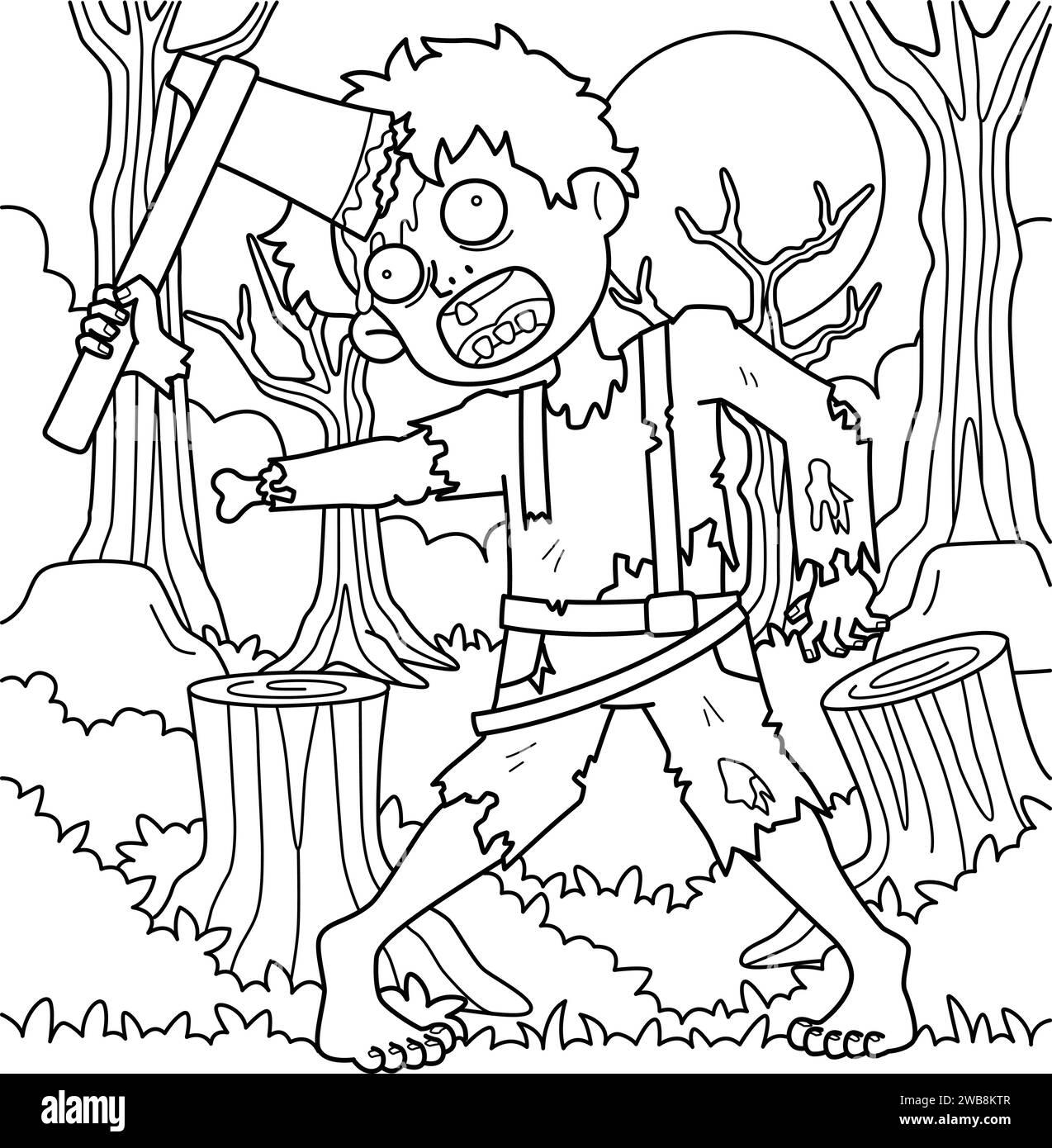 Zombie avec une hache dans sa tête coloriage page Illustration de Vecteur