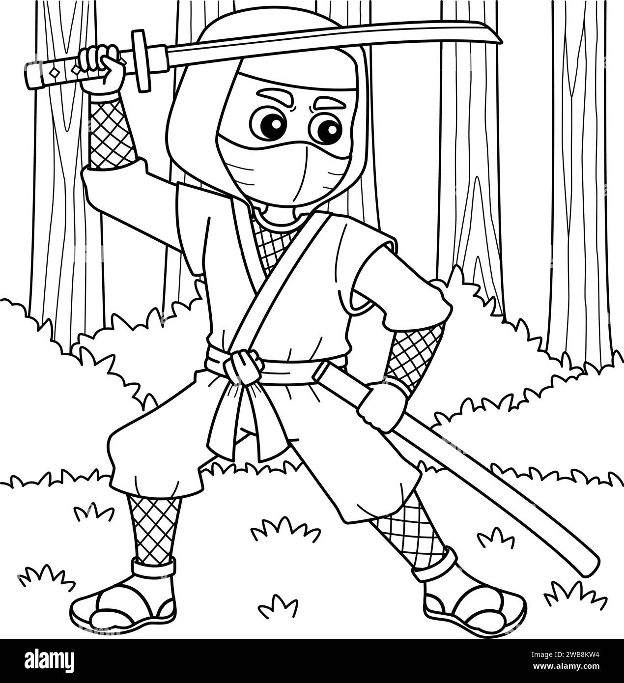 Ninja avec une page de coloriage Katana et Sheath Illustration de Vecteur