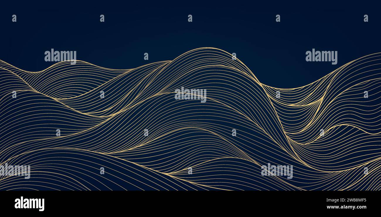 Vector line art japonais, fond de montagnes, texture de dessert de paysage, illustration de motif de vague. Dessin minimaliste doré. Illustration de Vecteur