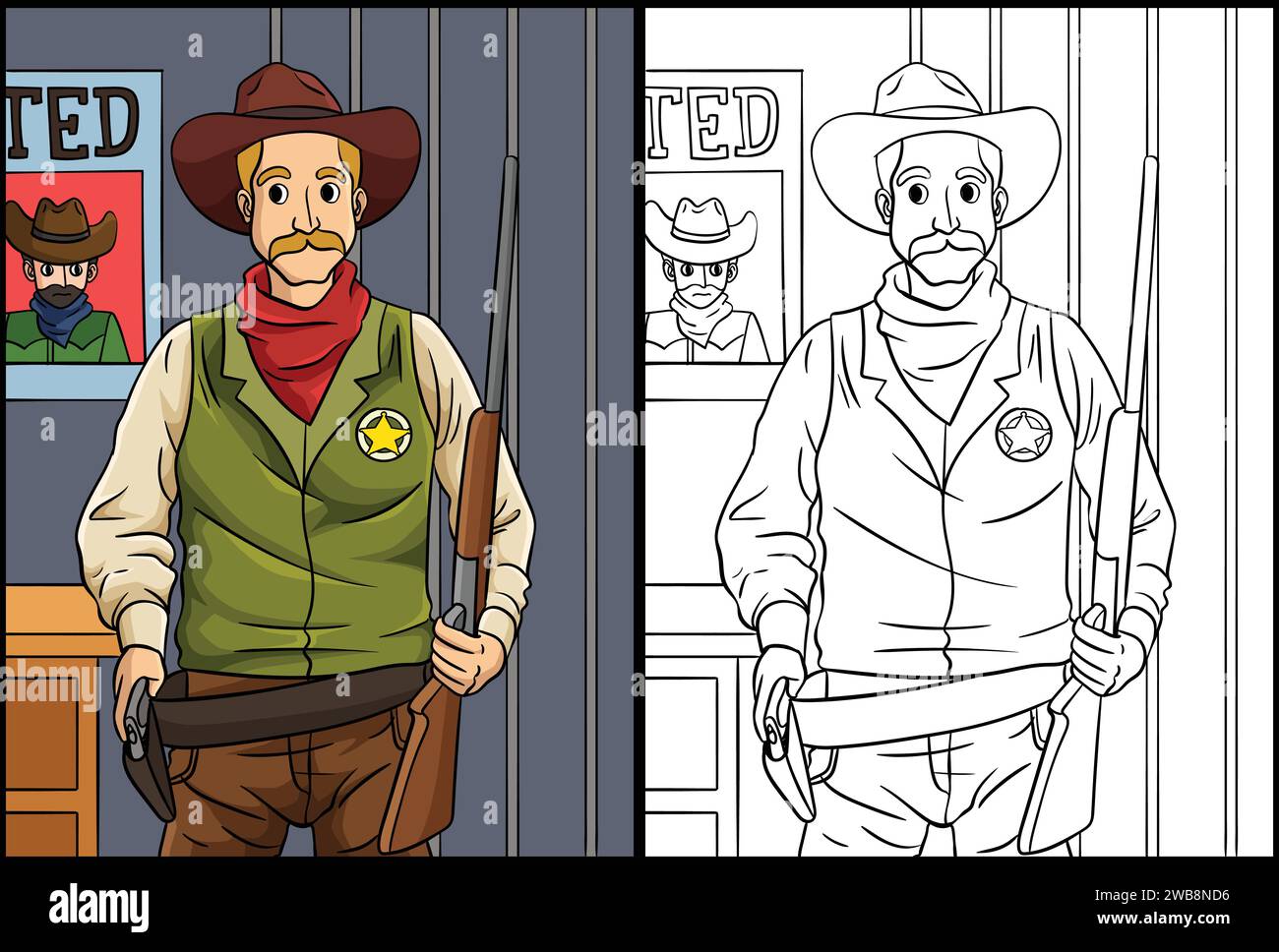 Cowboy Sheriff Coloriage page Illustration colorée Illustration de Vecteur
