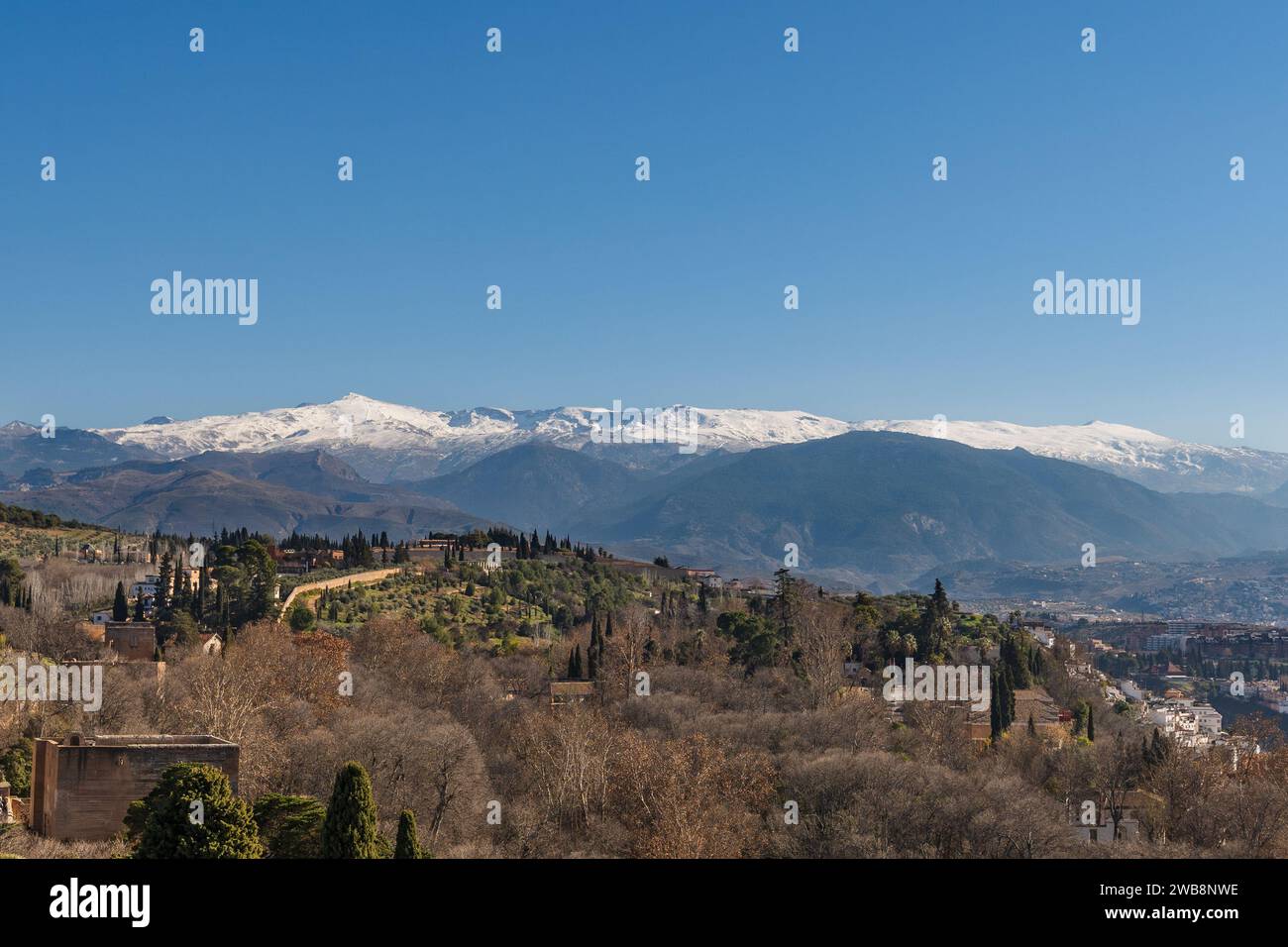 Une vue sur les jardins Generalife de l'Alhambra à Grenade avec la montagne Sierra Nevada en arrière-plan. Banque D'Images