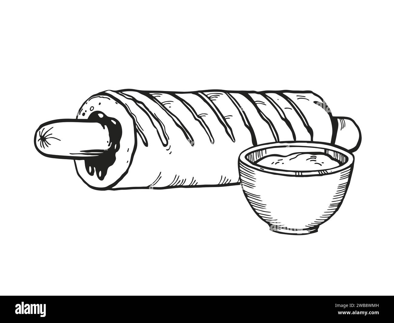 illustration vectorielle dessinée à la main de fast-food, croquis à l'encre de hot-dog dans un petit pain et avec de la moutarde ou de la sauce, illustration en noir et blanc de saucisse avec sa Illustration de Vecteur