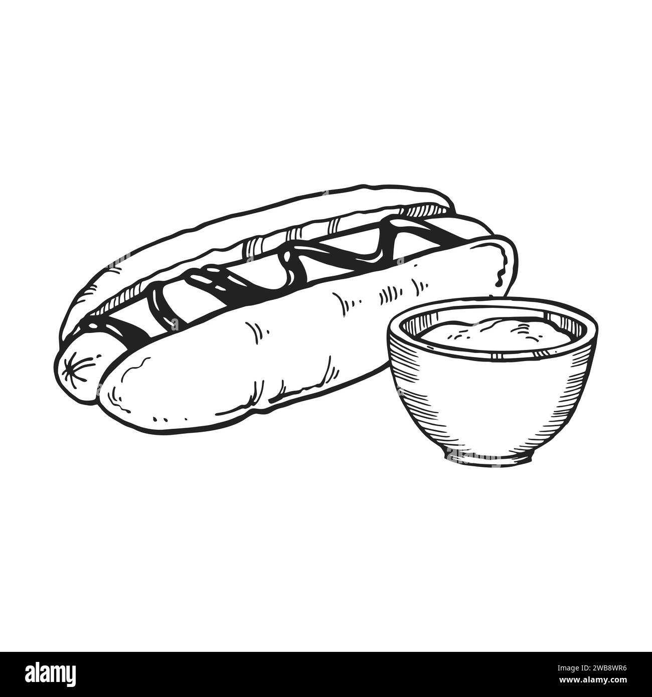 illustration vectorielle dessinée à la main de fast-food, croquis à l'encre de hot-dog dans un petit pain et avec de la moutarde ou de la sauce, illustration en noir et blanc de saucisse avec sa Illustration de Vecteur