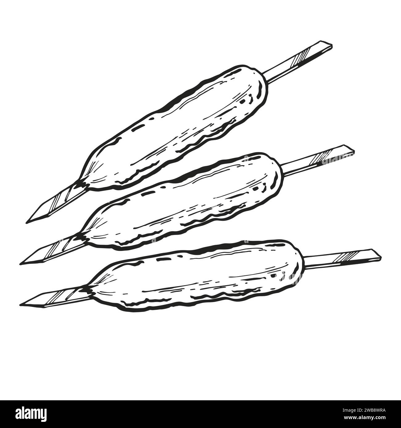 Ensemble vectoriel de thème barbecue, dessin au trait de kebab, viande grillée rôtie, illustration de croquis encré de la nourriture de rue, pique-nique américain traditionnel, monochro Illustration de Vecteur