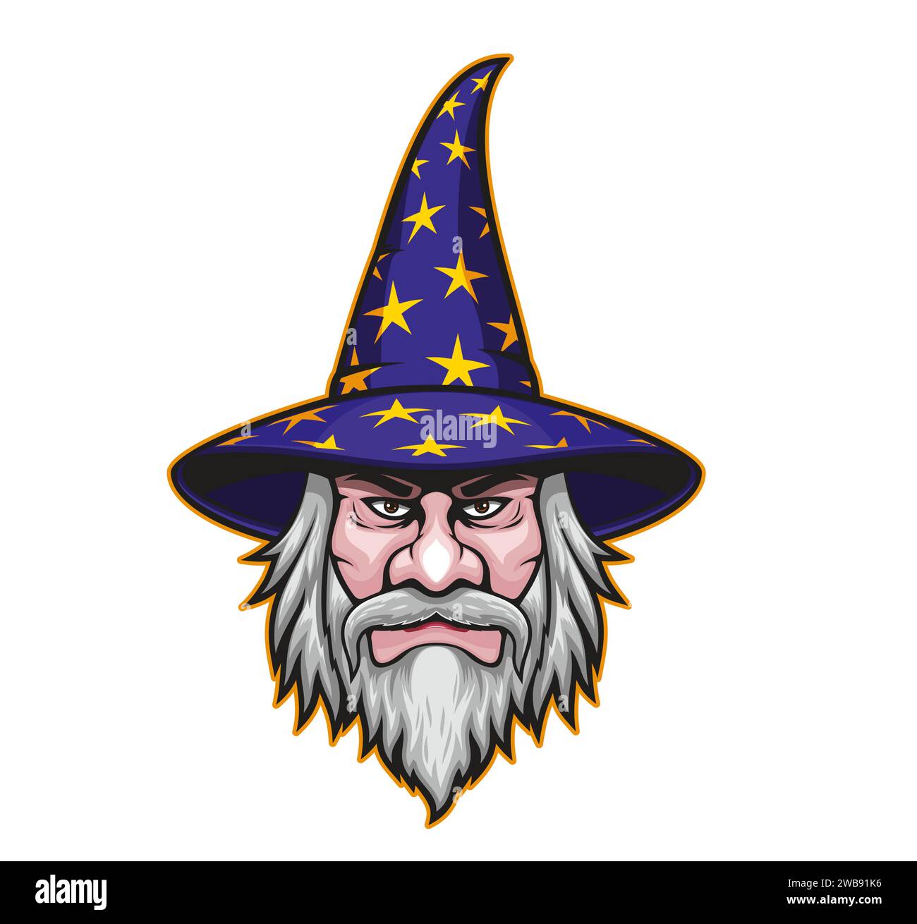 Personnage de mascotte magicien ou mage. Face de sorcier vecteur isolé. Dessin animé barbu magique et enchanteur Warlock personnage porter un chapeau astrologue avec des étoiles, représente merveille et fantaisie pour l'équipe ou la marque Illustration de Vecteur