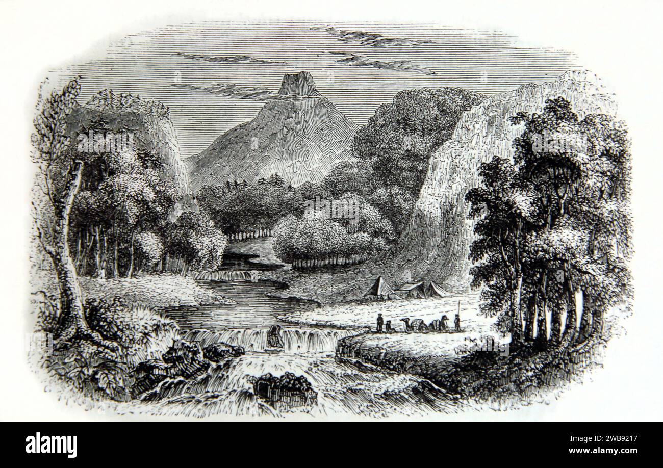 Gravure sur bois de la rivière Jabbok à Zerka dit dans la Bible être là où Jacob a traversé sur son chemin vers Canaan Banque D'Images