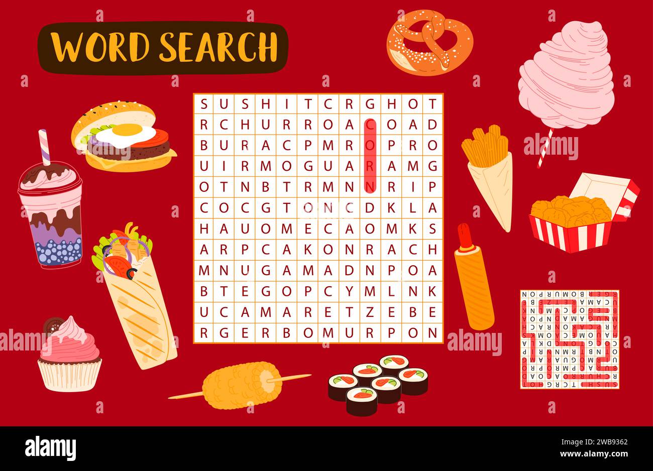 Jeu de puzzle de recherche de mot avec restauration rapide, desserts et boissons. Feuille de calcul de grille de puzzle de junk meal vecteur, hot dog de dessin animé, hamburger, nuggets de poulet et rouleaux de sushi, burrito, milkshake, cupcake, maïs Illustration de Vecteur